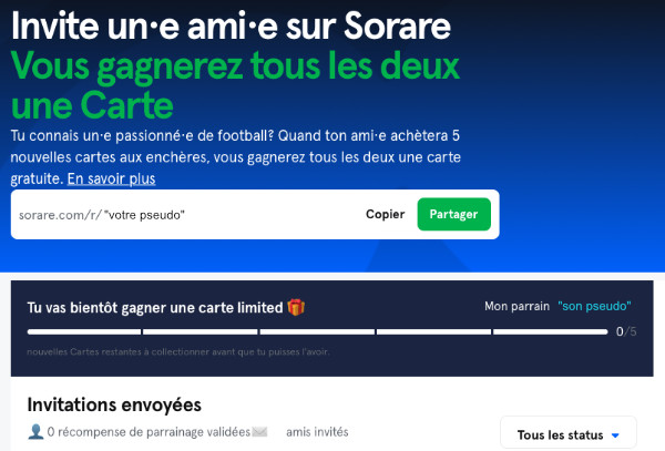 sorare parrainage suivi et partage