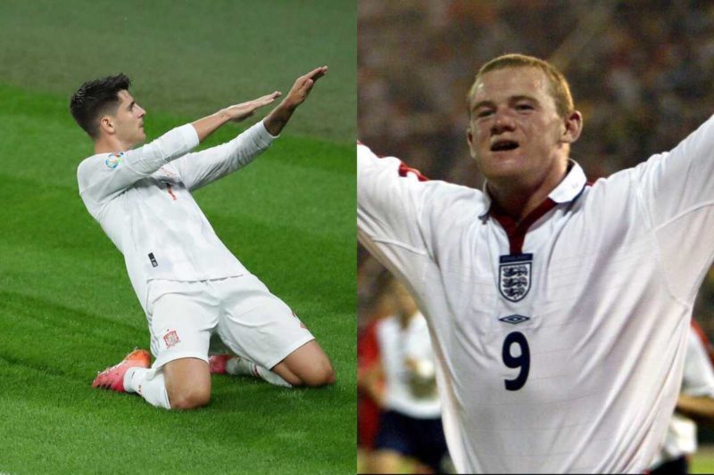 Alvaro Morata lors de l'EURO 2020 et Wayne Rooney lors de l'EURO 2004 - 9emes meilleurs buteurs de l'histoire des Championnats d'Europe