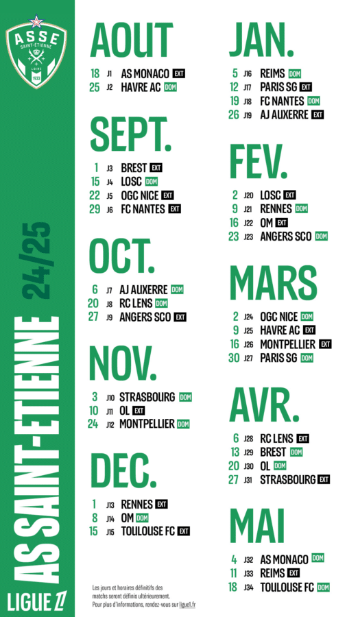 Calendrier Ligue 1 saison 24/25, Saint Etienne commencera par Monaco, le premier derby le week end du 10 novembre 2024