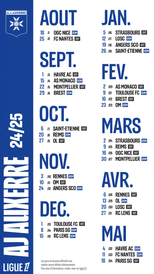 AJ Auxerre : le calendrier 2024-2025 de Ligue 1 McDonalds est tombé, Le PSG pour terminer